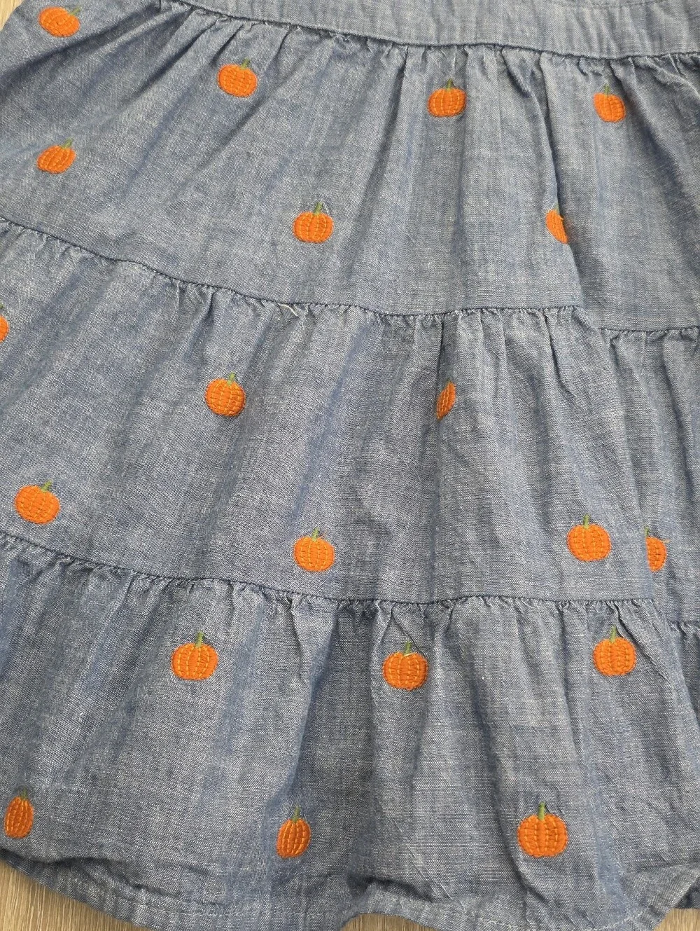 Gymboree Girls Blue Chambray Pumpkin-Embroidered Pinafore Overalls Jumper Dress